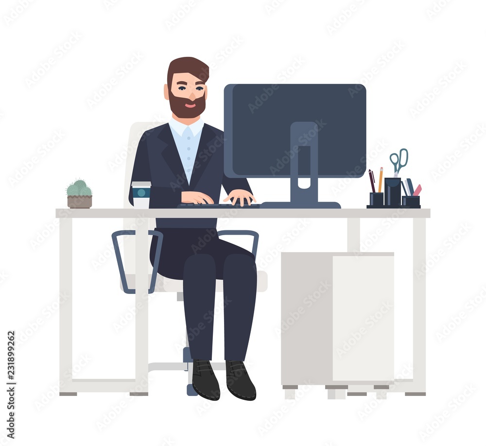 Vecteur Stock Cheerful male office worker or clerk sitting at desk and