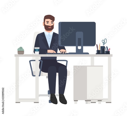 Cheerful male office worker or clerk sitting at desk and working on computer. Smiling manager at its workplace isolated on white background. Colorful vector illustration in flat cartoon style.