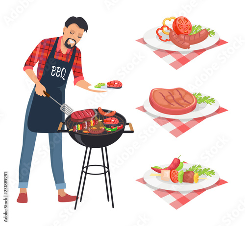 BBQ Barbecue Man Grilling Meat Vector Illustration