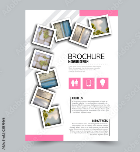 Pink flyer design template with built in images. Brochure for business, education, presentation, advertisement. Corporate identity concept. Editable vector illustration.
