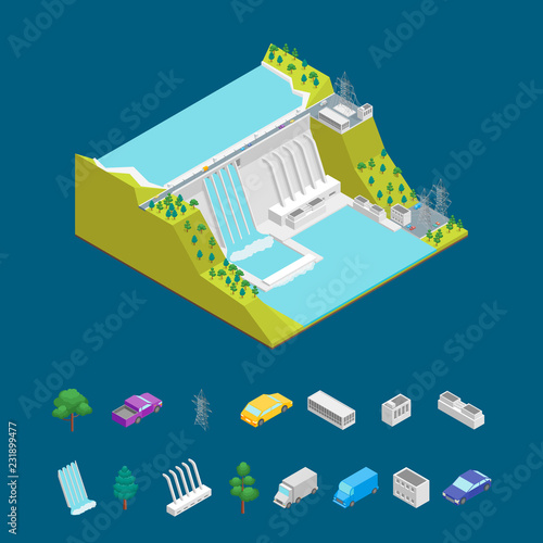 Hydroelectric Power Station Concept and Elements 3d Isometric View. Vector