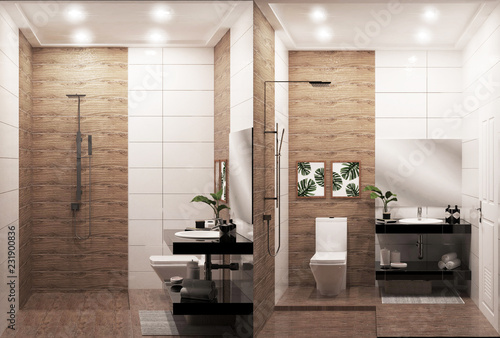 Zen design bathroom wooden wall and floor - japanese style. 3D rendering