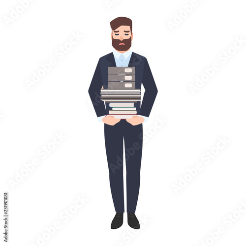 Sad male office worker or clerk carrying stack of paper documents
