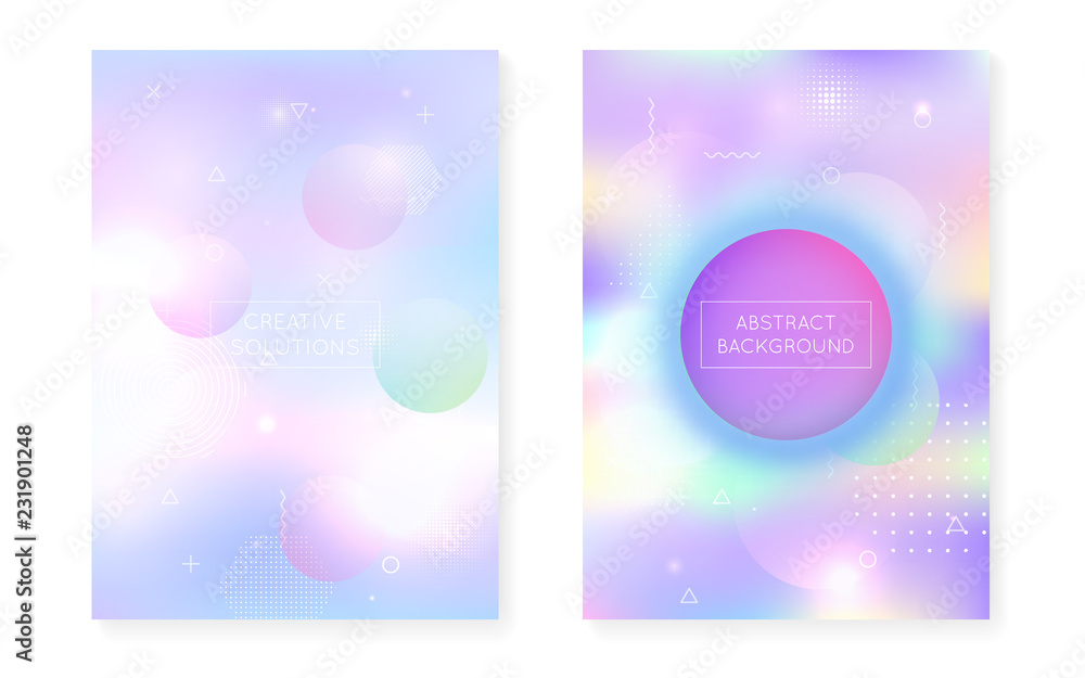 Liquid shapes cover with dynamic fluid. Holographic bauhaus gradient with memphis background. Graphic template for placard, presentation, banner, brochure. Pearlescent liquid shapes cover.