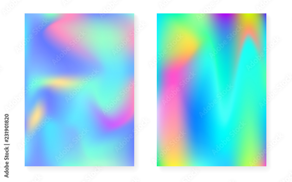 Holographic gradient background set with hologram cover. 90s, 80s retro style. Pearlescent graphic template for placard, presentation, banner, brochure. Spectrum minimal holographic gradient.