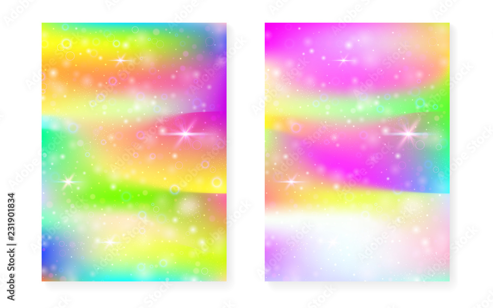 Kawaii background with rainbow princess gradient. Magic unicorn hologram. Holographic fairy set. Trendy fantasy cover. Kawaii background with sparkles and stars for cute girl party invitation. Kawaii background with rainbow princess gradient. Magic unicorn hologram. Holographic fairy set. Trendy fantasy cover. Kawaii background with sparkles and stars for cute girl party invitation.