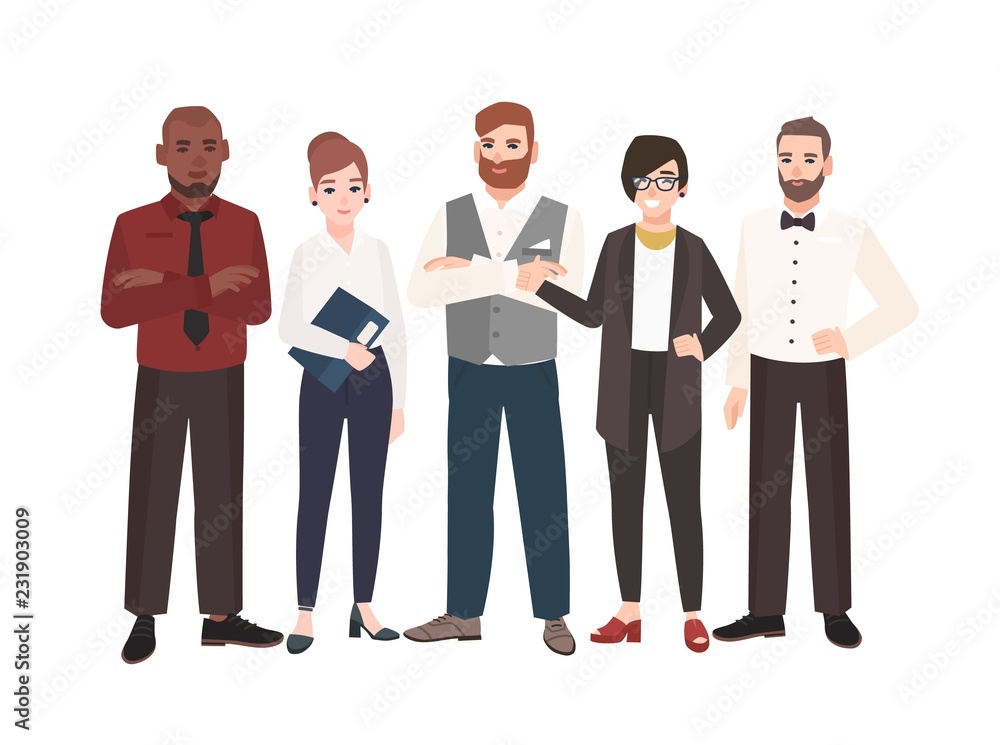 Group of office workers standing together. Team of happy male and female professionals. Funny cartoon characters isolated on white background. Colored vector illustration in modern flat style. Group of office workers standing together. Team of happy male and female professionals. Funny cartoon characters isolated on white background. Colored vector illustration in modern flat style.