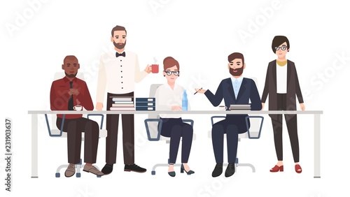 Group of office workers sitting at desk and talking. Male and female clerks taking part in business discussion, work meeting, negotiation. Colorful vector illustration in modern flat cartoon style.