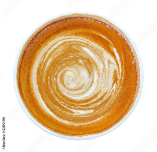 Hot coffee latte cappuccino spiral foam top view isolated on white background, clipping path included