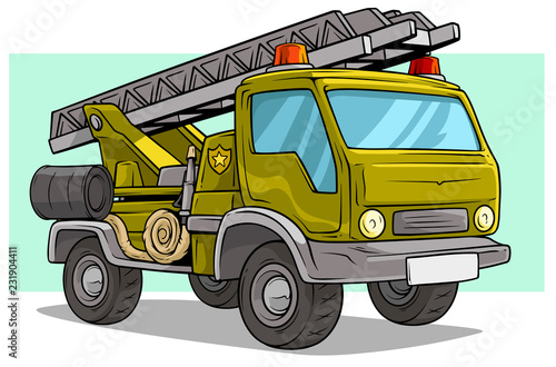 Cartoon military army big cargo truck with ladder