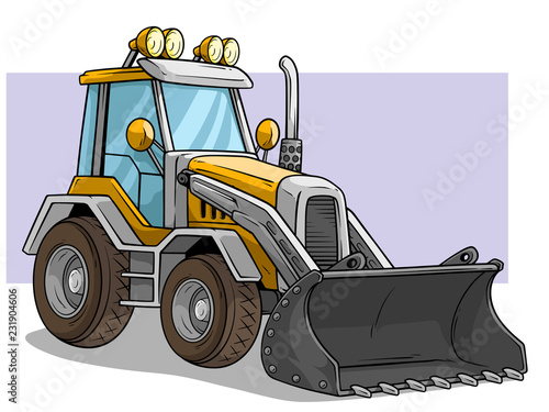 Cartoon wheel front loader bulldozer with shovel