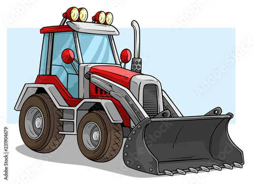 Cartoon wheel front loader bulldozer with shovel