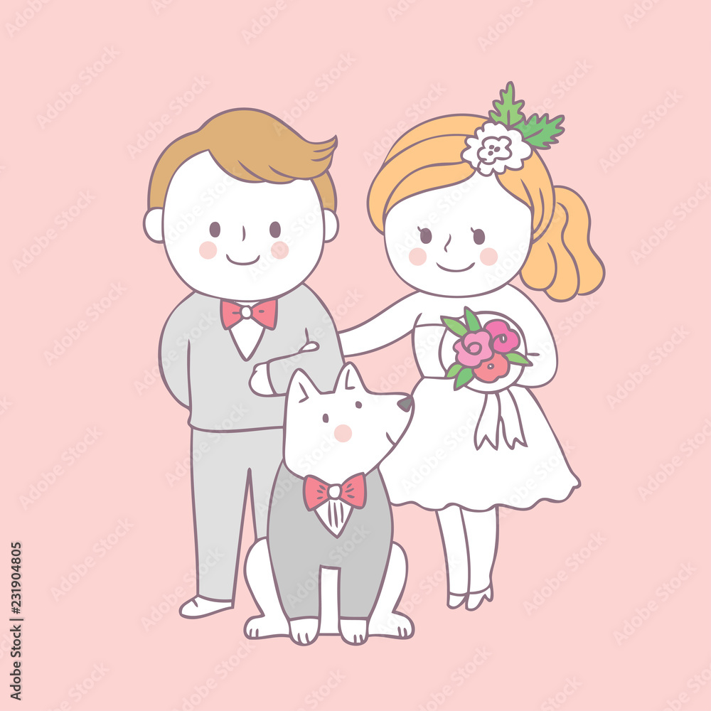 Cartoon cute Bride and groom and dog vector. Cartoon cute Bride and groom and dog vector.