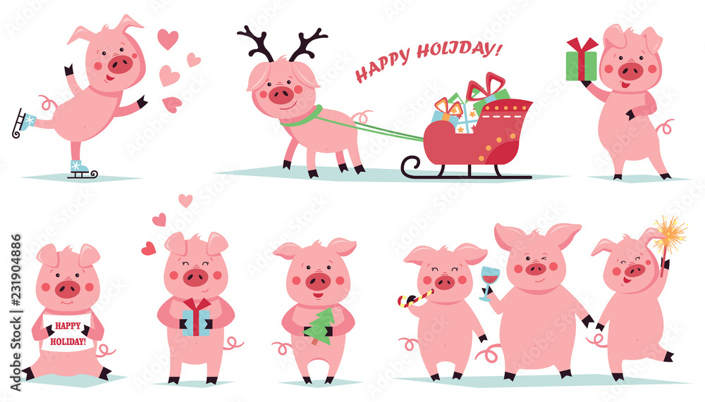 Obraz premium Merry Christmas. Set of funny christmas pigs in various poses. Cute characters in the game. Vector illustration