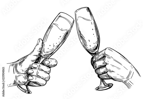 Hands holding  glasses with champagne. Hand drawn illustration converted to vector