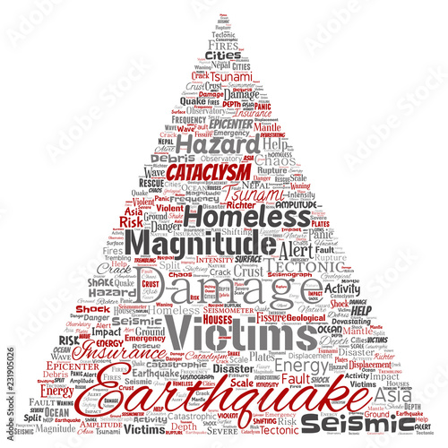 Vector conceptual earthquake activity triangle arrow word cloud isolated background. Collage of natural seismic tectonic crust tremble, violent tsunami waves risk, tectonic plates shifting concept