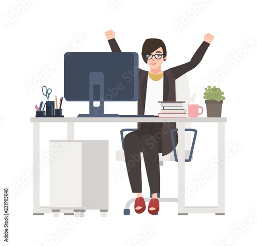 Female office worker or manager sitting at desk and rejoicing. Smiling woman celebrating success at workplace isolated on white background. Colorful vector illustration in flat cartoon style.