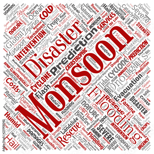Vector conceptual monsoon dangerous weather square red meteorology word cloud isolated background. Collage of tropical dramatic storm force, strong wind blowing, rain hail thunderstorm concept design
