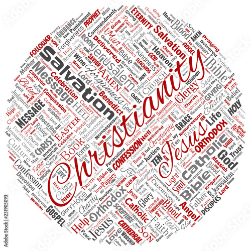 Vector conceptual christianity, jesus, bible, testament round circle red  word cloud isolated background. Collage of teachings, salvation resurrection, heaven, confession, forgiveness, love concept