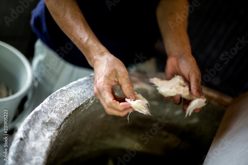Man's hands separating pieces of vegetable fibres to make traditional Washi paper. photo
