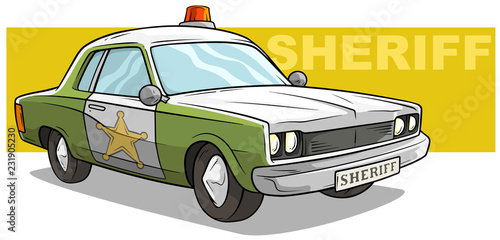 Cartoon green sheriff car with golden badge