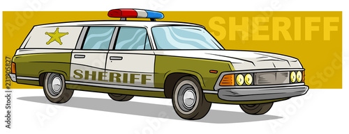 Cartoon green sheriff retro car with golden badge