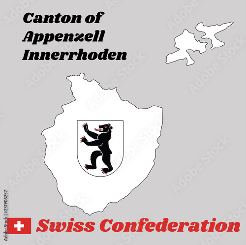 Map outline and Coat of arms of Appenzell innerrhoden, The canton of Switzerland with name text Canton of Appenzell innerrhoden and Swiss Confederation.