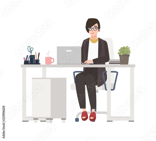 Smiling woman working at office. Female clerk dressed in smart clothes sitting in chair at desk with computer. Funny cartoon character isolated on white background. Vector illustration in flat style.