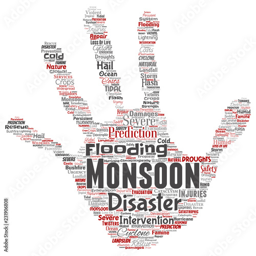 Vector conceptual monsoon dangerous weather hand print stamp meteorology word cloud isolated background. Collage of tropical dramatic storm force, strong wind blowing, rain hail thunderstorm concept