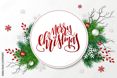 Vector illustration of greeting banner template with hand lettering label - merry Christmas - with realistic fir-tree branches, bauble, snowflakes, and decorative bead branches