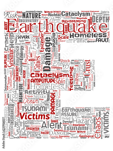 Vector conceptual earthquake activity letter font E red word cloud isolated background. Collage of natural seismic tectonic crust tremble, violent tsunami waves risk, tectonic plates shifting concept