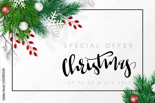 Vector illustration of greeting banner template with hand lettering label - merry Christmas - with realistic fir-tree branches,, snowflakes, and decorative bead branches