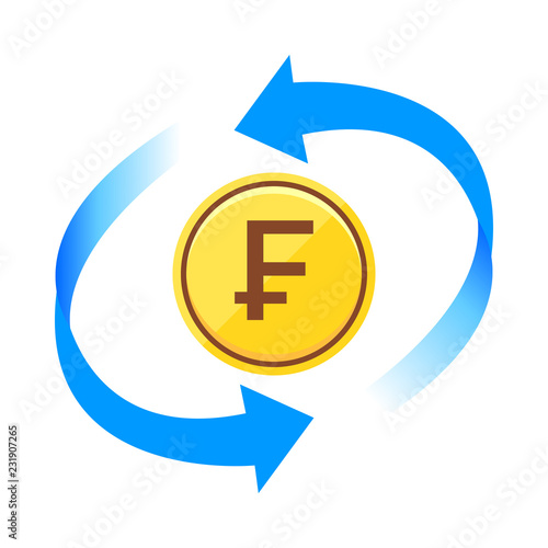 スイスフラン通貨コインアイコン青色矢印ベクターイラスト