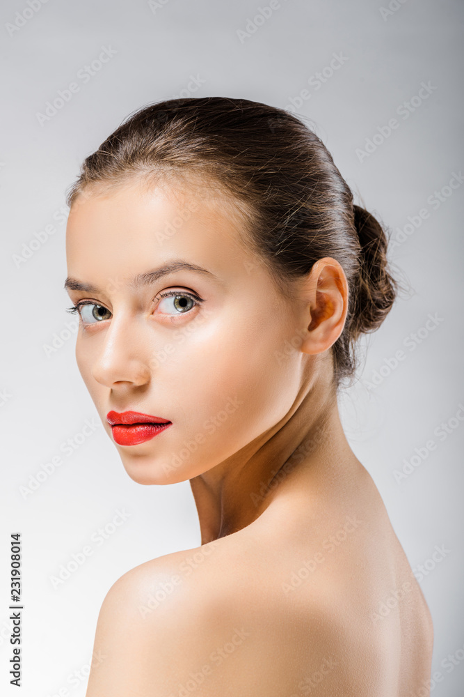 young beautiful woman with red lips looking at camera young beautiful woman with red lips looking at camera