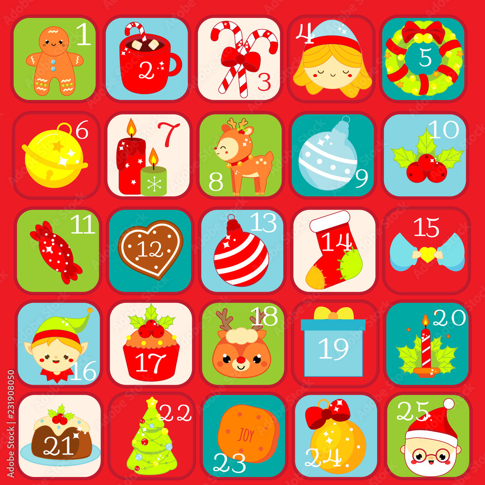 Christmas Advent calendar. 25 days colorful countdown icons with traditional New Year holidays symbols