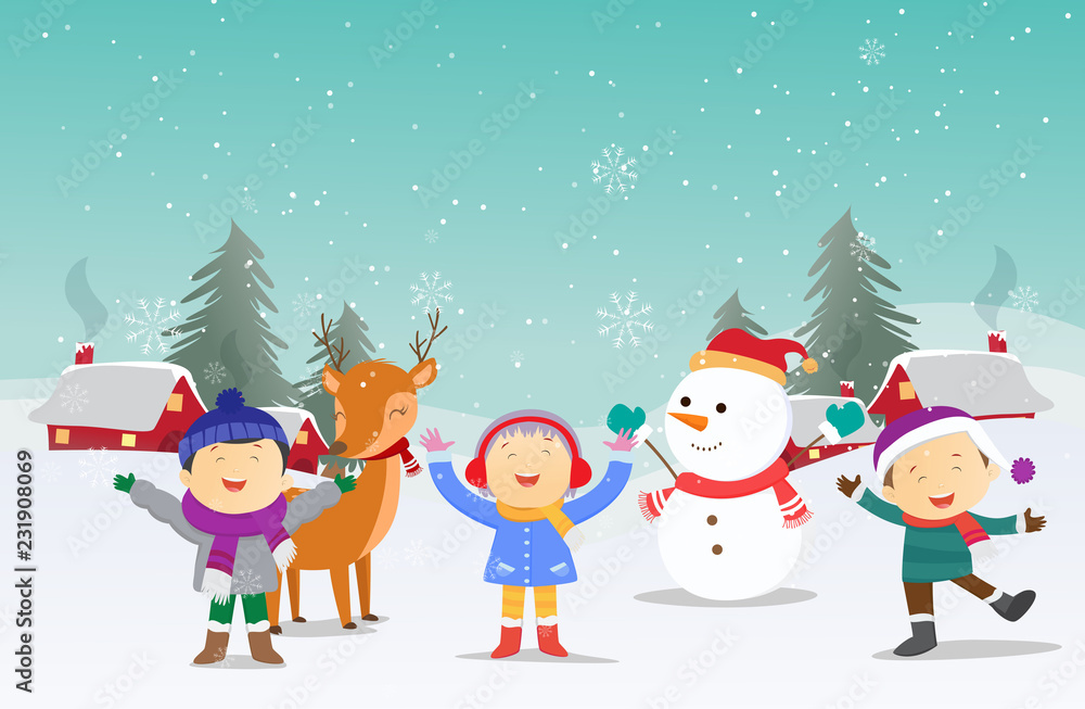 happy kids playing with snowman in winter season vector de Stock | Adobe  Stock