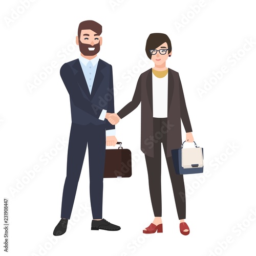Man and woman or office workers shaking hands isolated on white background. P...