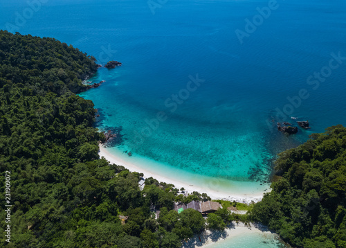Aerial view from above of Twin Beach Mergui Island or Bruer island, seascape landscape view from the sky