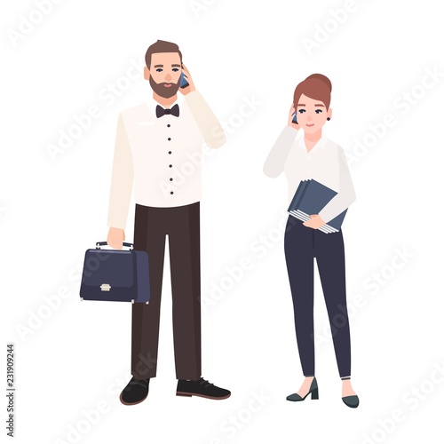 Pair of clerks dressed in business clothes standing and talking on phone. Busy male and female office workers isolated on white background. Colorful vector illustration in flat cartoon style.