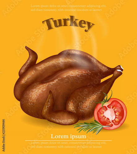 Roasted turkey isolated Vector. Fresh steaming hot meal realistic 3d illustra...