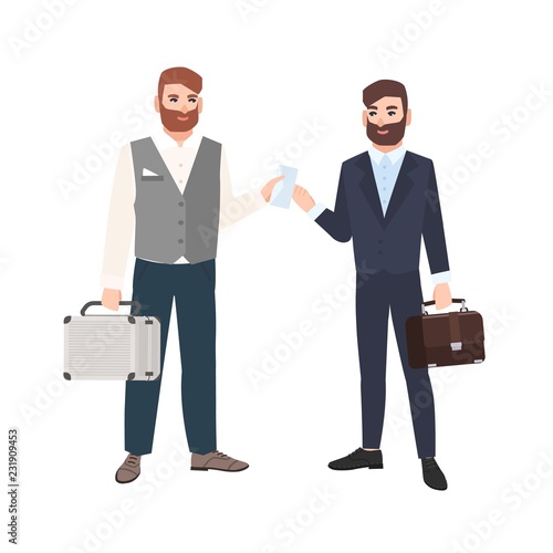 Bearded man passing envelope to his business partner or colleague isolated on white background