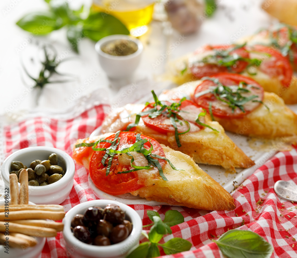 Bruschetta, grilled slices of baguette with mozzarella cheese, tomatoes, garlic and aromatic basil, close up. A delicious Mediterranean appetizers and snacks Bruschetta, grilled slices of baguette with mozzarella cheese, tomatoes, garlic and aromatic basil, close up. A delicious Mediterranean appetizers and snacks