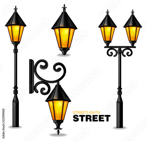 Street lamps 3d Vector realisic set collection isolated on white backgrounds