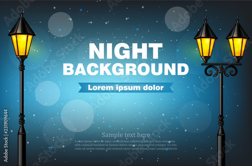 Night background lamps Vector realistic. 3d illustration bokeh effects