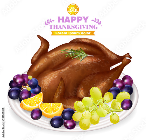Roasted turkey and fruits on white plate Vector. Fresh hot meal. Thanksgiving...