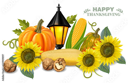 Autumn harvest pumpkin and sunflower Vector. Fresh vegetables realistic 3d il...