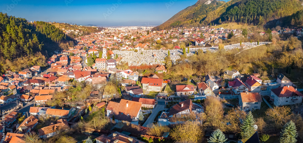 Aerial view of Brasov cityscape, old historical city of Transylvania, in Romania