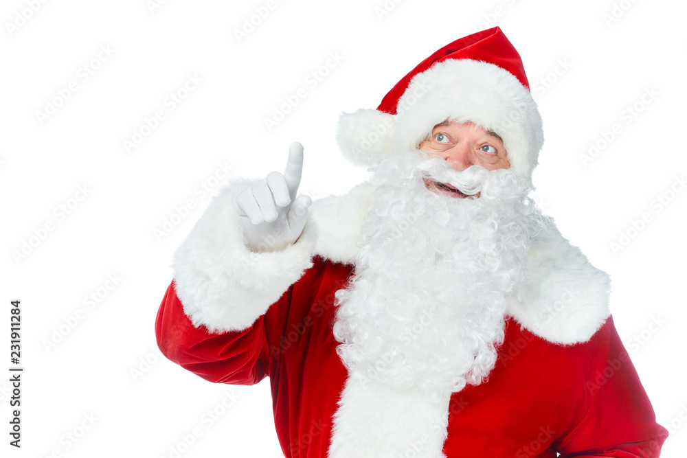 santa claus pointing up and having idea isolated on white santa claus pointing up and having idea isolated on white