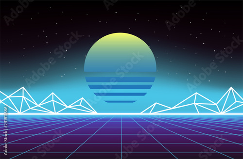 Retro Sci-Fi Background with mountains. Futuristic Vector illustration in 80s posters style.