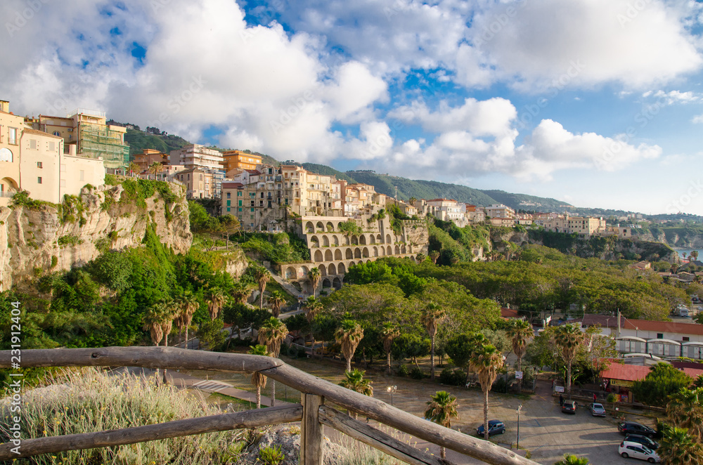 Tropea town colorful stone buildings on top of cliff, Calabria, Italy